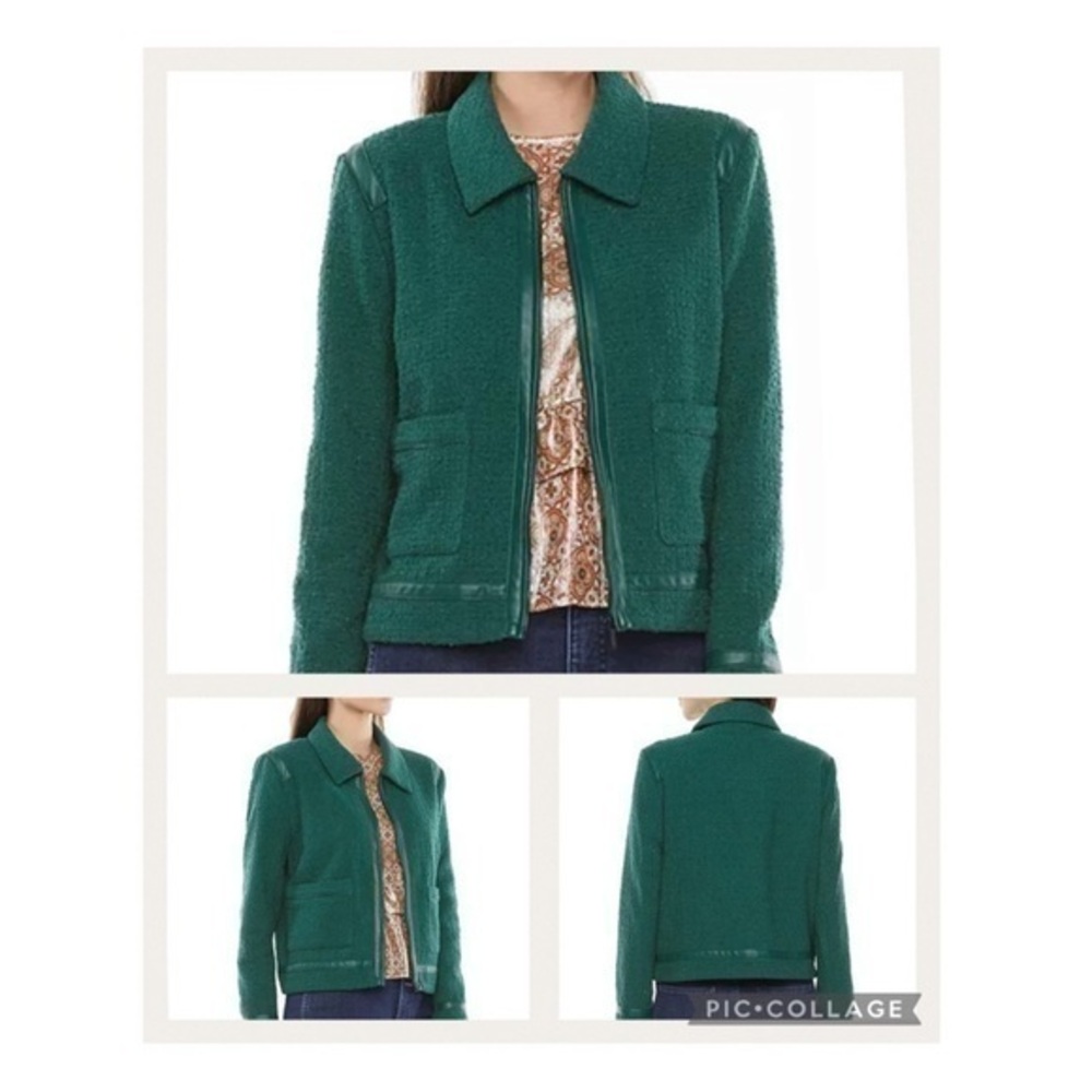 Ryegrass Sea Moss Green Woven Faux Leather Trim Zip Up Jacket Large New With Tag
